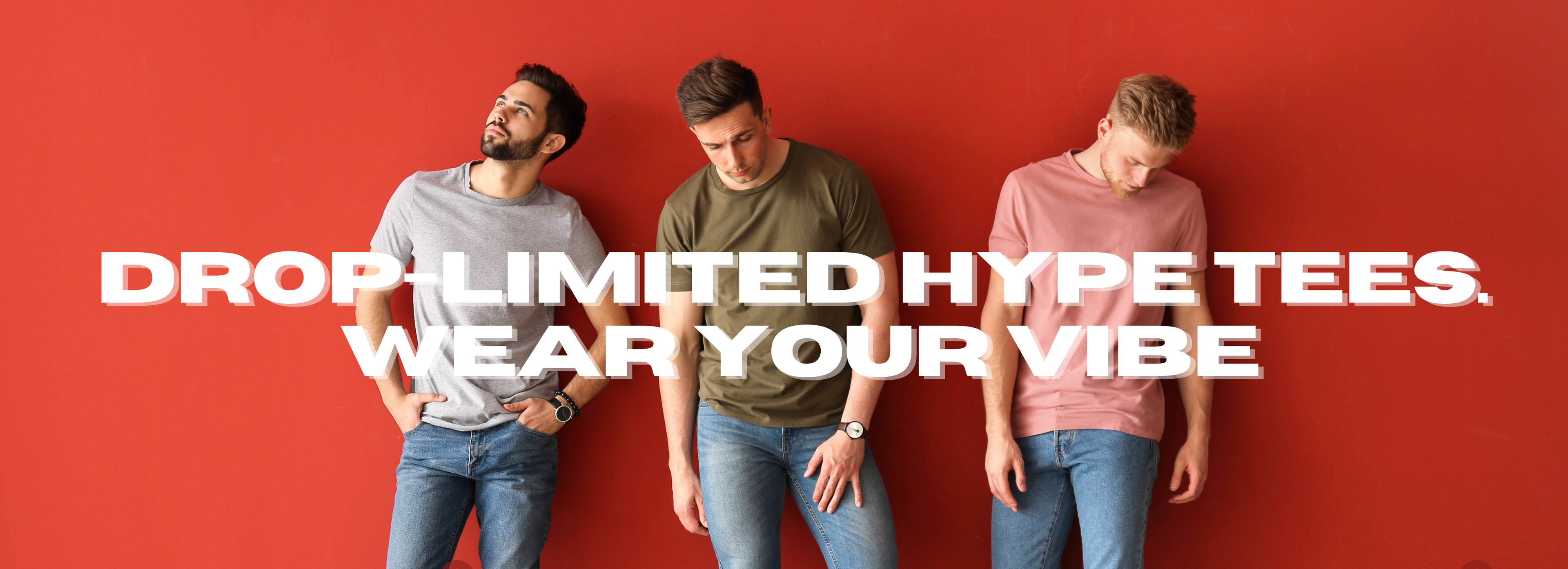 Three men standing against a red wall with promotional text overlay.